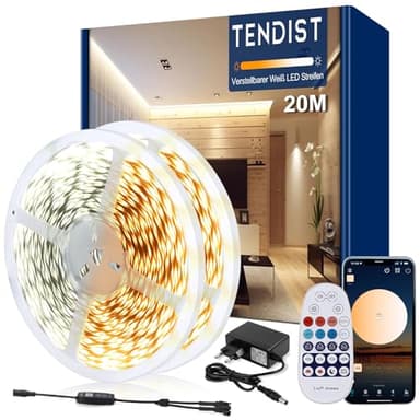 TENDIST 20M Led Strip Weiß Dimmbar, 3000K-6500K Warmweiß bis Kaltweiß 24V Led Streifen Selbstklebend mit Fernbedienung, Smart App and Controller Function (Warmweiß 3000k Kaltweiß 6500k, 20M)