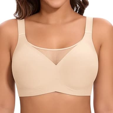 Jiuday BH Damen ohne Bügel Große Brüste Starker Halt Push Up BH ohne Buegel Seamless Bequem Klassische Soft Nahtloser Bügelloser T Shirt Bra Gepolstert Mesh Bralette (Flacher V Beige,XL)