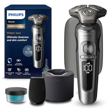 Philips Shaver S9000 Prestige, elektrischer Nass- & Trockenrasierer für Herren, helles Chrom, Lift & Cut-Rasiersystem, SkinIQ Technologie, Präzisionstrimmer, Reinigungsstation und Reiseetui, SP9841/32