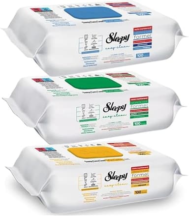 3 x Sleepy Easy Clean – 100 Tücher je Farbe – Blau: mit Bleichmittel, Grün & Gelb: chlorfrei & pflanzlich+ HeartGlobal® Versandschutz
