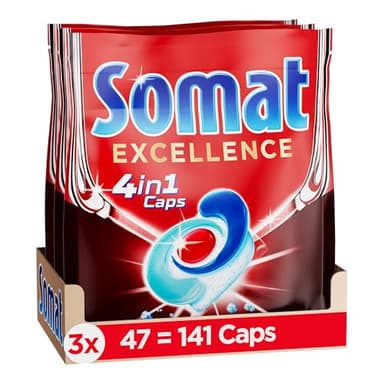 Somat Excellence 4in1 Caps (141 Caps), schnellauflösende Spülmaschinentabs, Somat Caps für exzellente Reinigung & Glanz sogar im Eco-Programm & bei niedrigen Temperaturen