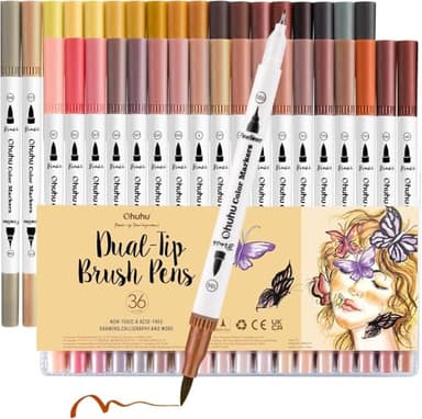 Ohuhu Filzstifte Hauttöne, 36 Filzstifte Doppelseitig Pinselstifte Marker mit Fineliner, Hautton Wasserbasis Marker für Kalligraphie Zeichnung, Mittelton-Hautton- und Haarschattierungs-Marker Set
