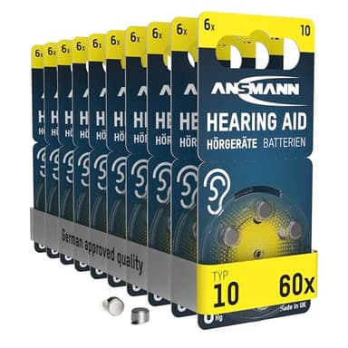 ANSMANN Hörgerätebatterien Typ 10 gelb P10 PR70 ZL4, 60 Stück, Vorratspack, Batterien für Hörgeräte & Hörhilfen, leicht greifbar