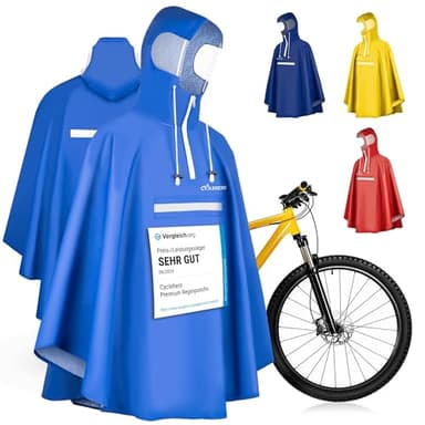 Regenponcho Fahrrad extra wasserdicht und robust - TEST SEHR GUT - Premium Regencape Fahrrad mit Reflektoren, Sichtfenster - Regenbekleidung als Regenponcho Herren und Damen - Regenjacke Blau in L