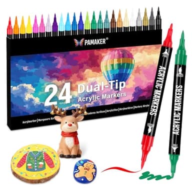 Pamaker 24 Farben Acrylstifte Set – Acrylmarker mit feiner Spitze und Pinsel für Stoff, Leinwand, Glas, Holz und Papier – Ideal für Kinder und Erwachsene, zum Zeichnen und DIY-Bastelprojekte