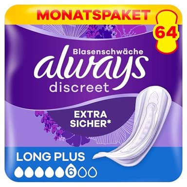 Always Discreet Inkontinenzeinlagen für Frauen Long Plus 64 Stück Extra Sicher und Diskret