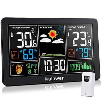 Kalawen Wetterstation mit Außensensor Innen und Außen 9-IN-1 Wireless Digital Wecker Barometer Weather Station Temperatur-Feuchtigkeits-Monitor Wettervorhersage für Zuhause Hausgarten Büro