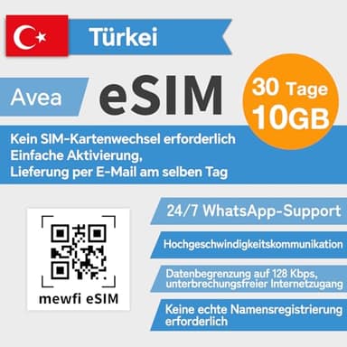 eSIM für Türkei Reisen, 30 Tage 10 GB, 4G Hochgeschwindigkeitskommunikationsnetzwerk, Google Twitter Ins etc., Einfache Aktivierung, 24/7 Whatsapp-Support (30 Tage 10GB - Aktivierung erforderlich)