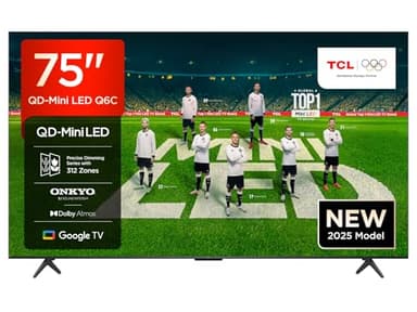 TCL 75 Zoll 75Q6C QLED Mini LED Fernseher, 4K HDR Premium, Dolby Vision IQ & Atmos, Onkyo 2.1, Smart Google TV, 144Hz Motion Clarity Pro, AMD FreeSync Premium Pro, HDMI 2.1, AirPlay 2
