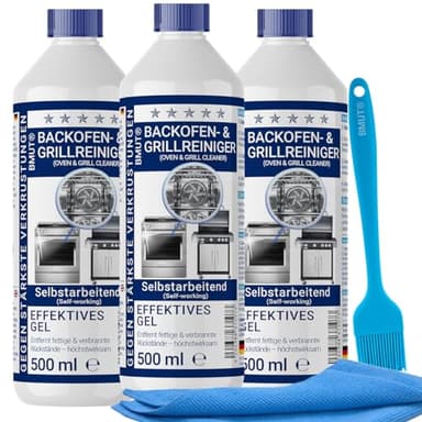 3x500ml (1,5 Liter) Backofenreiniger extra stark | mit Pinsel + Mikrofasertuch XXL | Gel Paste | Grillreiniger | gegen Eingebranntes & Verkrustungen | selbstarbeitend