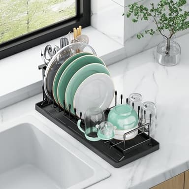 Aufworld Kleines Spülgestell, Kompaktes Spülgut-Abtropfgestell mit Silikon-Trockenmatte, Edelstahl-Spülabtropfer mit Besteckhalter, Platzsparendes Abtropfgestell für Küchenarbeitsplatte, Wohnmobile