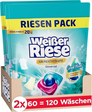 Weißer Riese Universal Trio-Caps Aromatherapie Lotus (120 Waschladungen), Waschmittel mit Good Mood-Duft für unwiderstehlich duftende & strahlend saubere Wäsche, 100% recycelbar