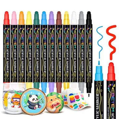 Betem Acrylstifte mit Doppelspitze 12 Farben, Hochwertige Acrylic Marker für Stein, Holz, Leinwand, Felsmalerei, Glas, Keramik Wasserfest, Christmas Steine Bemalen Stifte für DIY Basteln