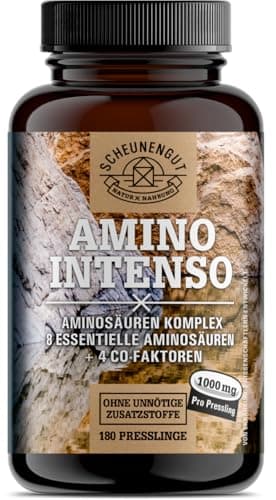 Aminosäuren Komplex hochdosiert -WICHTIG: Vegane Amino Tabletten mit 12 verschiedenen Aminosäuren -EAA Pattern Presslinge- DE 6000mg AMINO INTENSO® pro Dosis von SCHEUNENGUT®