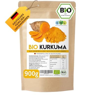 EWL Naturprodukte Kurkuma Pulver BIO, 900g Kurkuma Bio Pulver fein gemahlen, Curcuma Pulver aus kontrolliert biologischem Anbau