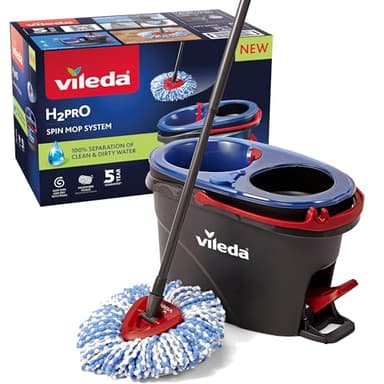 Vileda H2PrO Spin mop Wischmopp Set mit Eimer| 100% Trennung von Frisch- und Schmutzwasser | Innovatives Zweitanksystem mit Auswringfunktion | Müheloses Auswringen | Mikrofaserreinigung | Ergonomisch