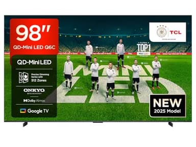 TCL 98 Zoll 98Q6C QLED Mini LED Fernseher, 4K HDR Premium, Dolby Vision IQ & Atmos, Onkyo 2.1, Smart Google TV, 144Hz Motion Clarity Pro, AMD FreeSync Premium Pro, HDMI 2.1, AirPlay 2