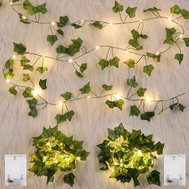 GuKKK 2 Stück LED Lichterkette Efeu Künstlich, 2M Fake Efeu Girlande mit 20 LED-Licht Batterie, Lichterkette mit Blättern, für Innenberei, Hochzeit, Party Deko