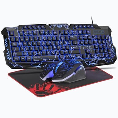 Rewurnth Gaming Tastatur und Maus Set, QWERTZ DE 114 Tasten Layout, LED Hintergrundbeleuchtete Kabelgebundene Tastatur, Ergonomische 4 Farbige Gaming Maus, Großes Mauspad, USB für PC PS5 Xbox