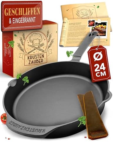 KRUSTENZAUBER Gusseisenpfanne Induktion 24cm inkl. Anleitung und Rezeptbuch - Geschliffene Pfanne Gusseisen, Eisenpfanne, Cast Iron Pan, Gusspfanne, Gusseiserne Pfanne, Gusseisen-Pfanne, Gusspfanne