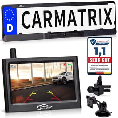 CARMATRIX Funk Solar Auto Rückfahrkamera solarbetrieben im Nummernschild mit 4,3 Zoll Monitor Rückfahrsystem Solarpanel im Kennzeichenhalter kabellos Digital zum Nachrüsten ohne Bohren (Solar 1)