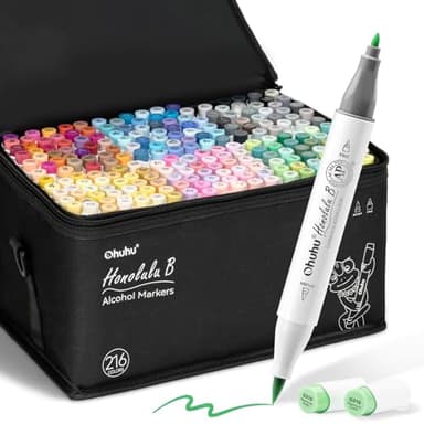 Ohuhu Marker Stifte 216 Farben Doppelspitzen Marker Stifte SetAlkoholbasis für Künstler Erwachsene Malen Zeichnen Skizzen Illustration Pinsel feine Doppelspitze mit 1 Mischer Honolulu B