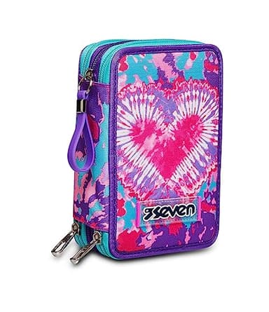 Seven Federmäppchen, Mäppchen, mehrfarbig, Federtasche für Schreibwaren, Etui mit Stiften, Kugelschreiber, & mehr, 3 Fächer, Mädchen & Jungen, Schule - Grundschule, XXL, TRENDY HEART GIRL