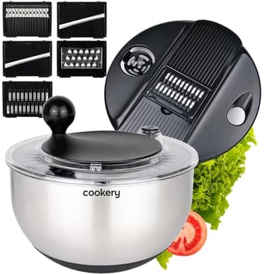 Cookery Salatschleuder aus Edelstahl (4,5l) + Gemüsehobel mit 5 Klingen | einfaches Salatschleudern durch rutschfesten Boden und Kurbelantrieb