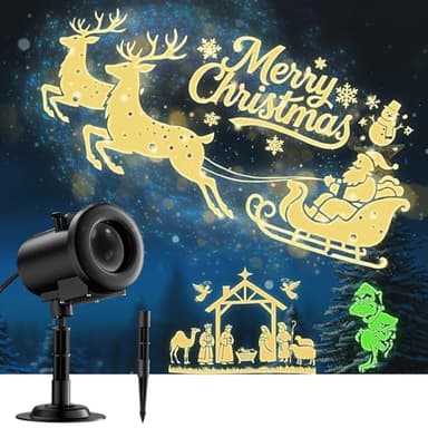 Weihnachten Deko Outdoor Innen,3D Dynamische Halloween Projektor, Wasserdicht LED Projektionslampe mit Schlitten,Jesus,Schädel,Fledermaus für Wand Friedhof Fenster Garten Hof Party Deko Projector