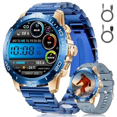 FITFLEX 2025 Smartwatch mit Bluetooth-Anruf, 1,43" AMOLED-Display Smartwatch für Herren mit 120 Sportmodi, IP68, wasserdicht, Fitnessuhr mit Herzfrequenz/Schlafmonitor für Android(Blau)