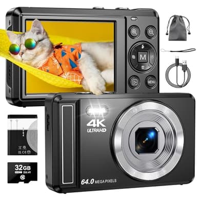 4K 64MP Digitalkamera mit 32 GB TF-Karte, Autofokus Fotoapparat mit 16X Digitalzoom Tragbar Kompaktkamera mit 1200mAh Batterie, USB-Kabel, für Kinder Teenager Erwachsene Anfänger