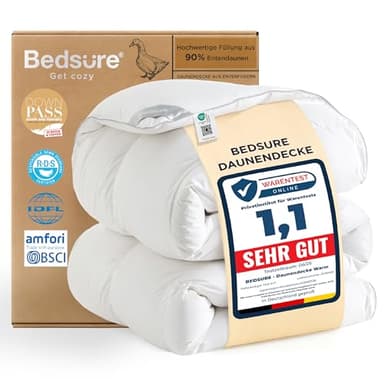 BEDSURE Daunendecke 135x200 Daunen Bettdecke - Warm Winterdecke aus 90% Daunen / 10% Federn 1180 gr. Dick Füllung, Extra Warm Federbettdecke with Öko-Tex Zertifikat, Waschbar Steppdecke Weiß