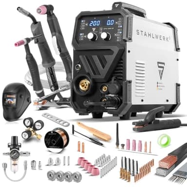 STAHLWERK Schweißgerät 4-in-1 Kombi CTM-250 ST – Vollausstattung – WIG, MIG/MAG, MMA/E-Hand (ARC), CUT (Plasma), 200 A Schweißen & 45 A Plasmaschneiden, Schneidleistung bis 14mm, Parameter einstellbar