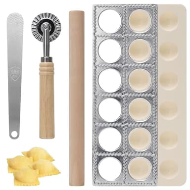 4 Stück Ravioli-Maker aus Aluminium mit 12 Löchern, Knödelformer mit Nudelholz Teigtaschenrad Former, Fleischspatel Raviolibrett für Herstellung Von Ravioli, Knödel