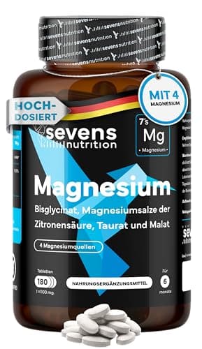 Magnesium Komplex Hochdosiert - Premium – 418 mg elementares Magnesium pro Tagesdosis – Mit 4 hochwertigen Verbindungen: Bisglycinat, Citrat, Malat und Taurat – 180 Tabletten – Sevens