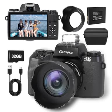 Digitalkamera 4K, 64MP 1080P FHD Fotokamera mit Autofokus 16X Digitalzoom Fotoapparat Tragbare Kompaktkamera, 4,0-Zoll-Touchscreen mit 32GB TF-Karte LED-Blitz für Jugendliche und Anfänger