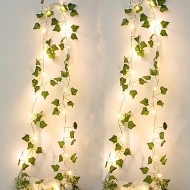 A.bigwhale Lichterketten Efeu Künstlich, Lichterkette Innen 2m Efeugirlande 2 Stück, Grüne Blatt Efeuranke mit 20 LED Licht, Lichterkette Batterie, Pflanzen Dekoration für Hochzeit Party