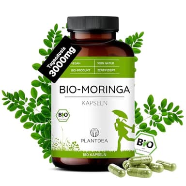 PlantDEA Bio Moringa Kapseln I 3000mg Tagesdosis I 180 Moringa-Kapseln hochdosiert I laborgeprüft I Bio Moringa Pulver I veganes Moringa-Präparat I Ohne Zusätze