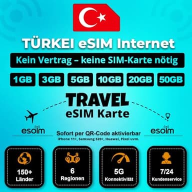 eSIM Karte Türkei – Nur Internet – Ohne Vertrag | Travel SIM - 5G/4G-Daten in den Türkei (3GB - 15 Tage)