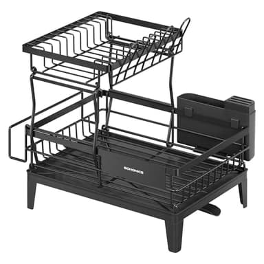 SONGMICS Abtropfgestell Geschirr, 2 stufiger Geschirr-Abtropfständer, 360° drehbarer und ausziehbarer Ablauf, Abtropfschale, Besteckhalter, Küche, 31 x 42 x 36,5 cm, tintenschwarz KCS551BH01