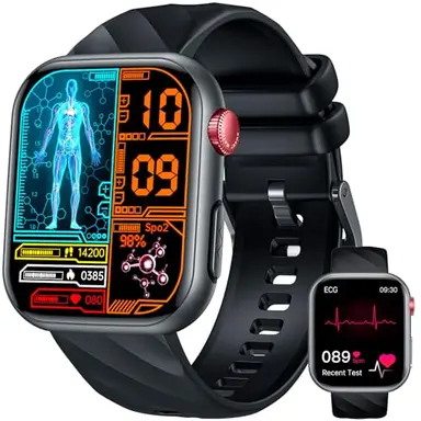 Smartwatch Herren 𝐄𝐂𝐆 𝐇𝐑𝐕 𝐁𝐥𝐮𝐭𝐳𝐮𝐜𝐤𝐞𝐫 Herzfrequenz Blutdruck: 1,97" AMOLED Touch Schwarz Gesundheitsuhr mit Schlafmonitor Schrittzähler Telefonfunktion Sportuhr Fitnessuhr iOS Android