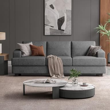 COPIAE 226CM Gepolsterte Sofa Couch, Bequeme 3-Sitzer-Sofa mit Extra Tiefer Sitzfläche, Modernes Leinen Stoff Couch with Quadratische Armlehne& Abnehmbarer Kissenbezug, Holzrahmen-Sofas für Wohnzimmer