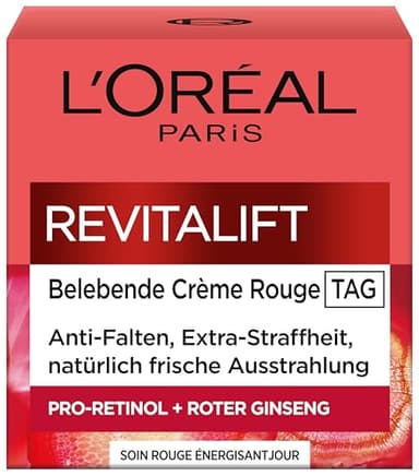 L'Oréal Paris Créme Rouge Tagespflege für Frauen: bekämpft sichtbare Anzeichen von Müdigkeit & strafft & mildert Falten mit rotem Giseng aus Soja-Proteinen & Hefe-Extrakt, Revitalift, 1x 50ml
