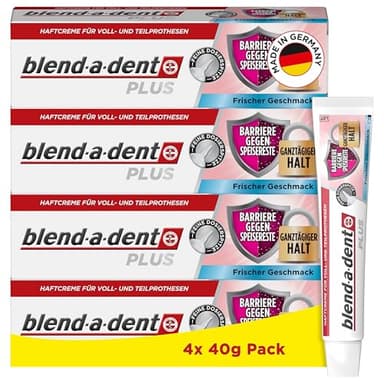 Blend-a-dent Plus Barriere Gegen Speisereste Haftcreme für Voll- und Teilprothesen, Frischer Geschmack, 4x 40g