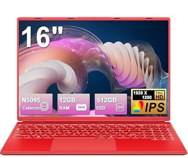 Gaming Laptop 16 Zoll Win11 12+512GB SSD Unterstützung 2TB(HDD-2TB) 1920x1200 Notebook 4-Core Celeron N5095 (bis 2.9GHz) Laptop mit Nummerntastatur WiFi Mini HDMI Deutscher Tastaturschutz-Rot