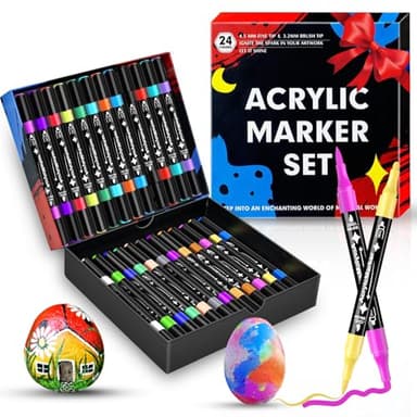 Dictien 24 Acrylstifte für Steine Wasserfest,0.5-5mm Wasserfester Dual Tip Marker, Stifte für Steine Bemalen, Acrylstifte verschiedene Oberflächen mit Doppelspitze (24 Farben, 24)