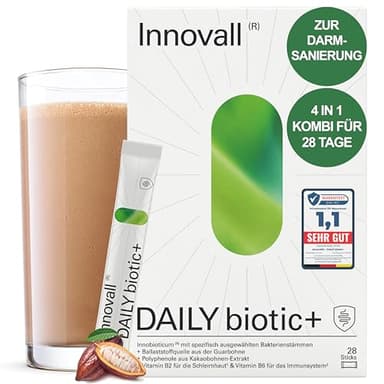 Innovall DAILYbiotic+ Darmsanierung | Darmkur mit dem 4in1 Superfood | Darmbakterien | Darmflora Aufbau für Mikrobiom & Darmgesundheit | Bakterienkulturen & Präbiotika Pulver für Ihren Darm (28 Stück)