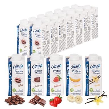 all in® COMPLETE Protein Drink Sorten Vanille, Kaffee, Schokolade, Erdebeere, Banane 14 x 200 ml - Hochkalorische Trinknahrung auf Milch-Basis | Protein Shake Mahlzeit zur schnellen Gewichtzunahme