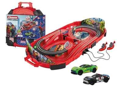 Carrera Speed Arena Police Chase I Slotbahn Kinder 1:50 – Mobile Rennbahn im Koffer mit Polizei & Green Racer – Rennspaß to go für unterwegs, Zuhause & Kindergeburtstag, batteriebetrieben/USB-C
