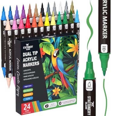 STATIONERY ISLAND Permanente Acryl-Malstifte 24 Farben – Doppelspitzen-Marker für Stein, Kürbis, Glas, Keramik, Holz & Stoff – Feine & Pinselspitze Wasserbasierte Malstifte für
